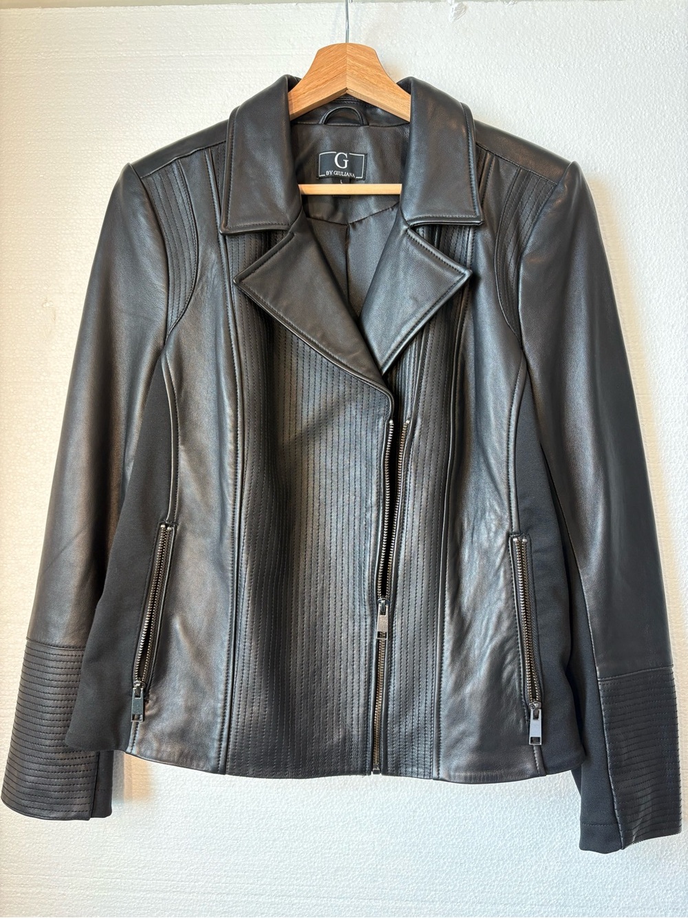 G by Giuliana Black Leather Moto-Style Jacket, Large